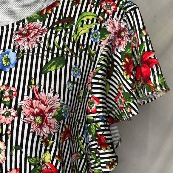 Eci NEW YORK BLACK WHITE STRIPE FLORAL PATTERN FAUX WRAP FLOUNCE SLEEVE DRESS XL - Picture 5 of 10